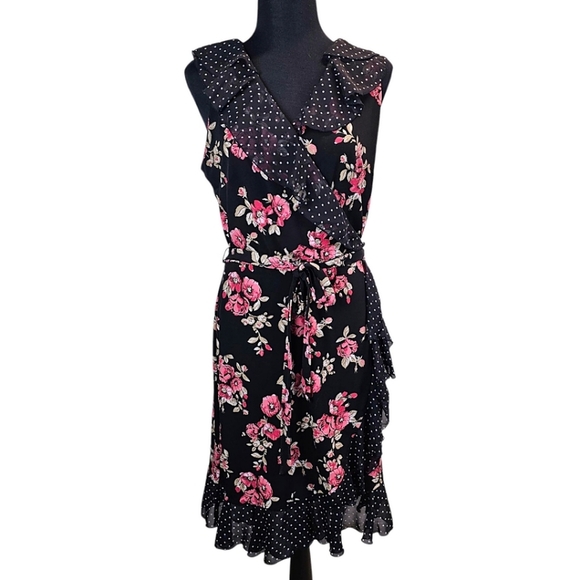 White House Black Market Sleeveless Faux Wrap Dress 8 Polka Dot Floral Trad Wife - Picture 2 of 14